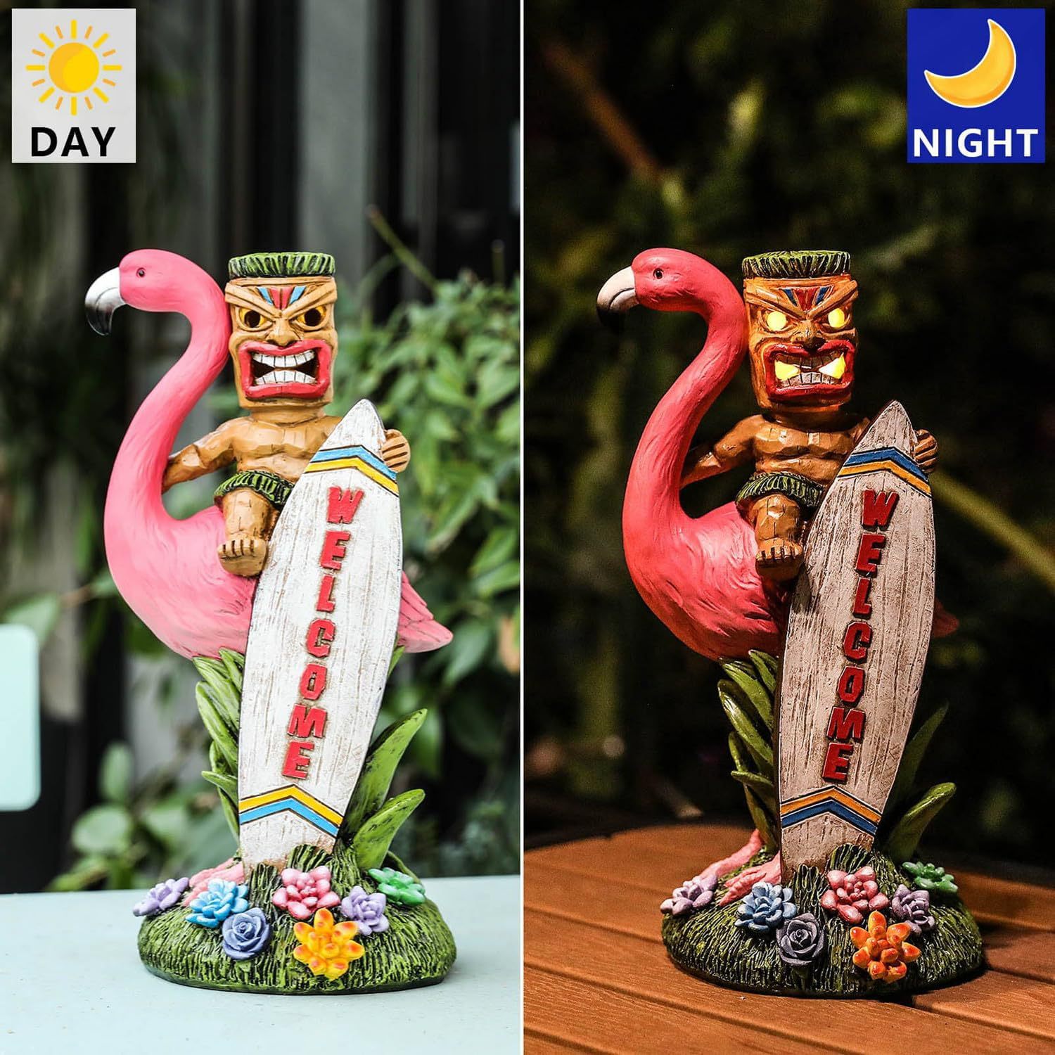 TIKI Riding on Flamingo，Flamingo solar lamp decoration