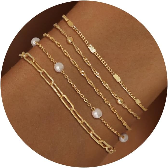 Gold Bracelets for Women, 14K Dainty Gold Plated Stackable Bracelets for Women Trendy Gold Bracelet Stack Set Waterproof Chain Bracelets Paperclip Adjustable Tennis Minimalist Tiny Cute Jewelry