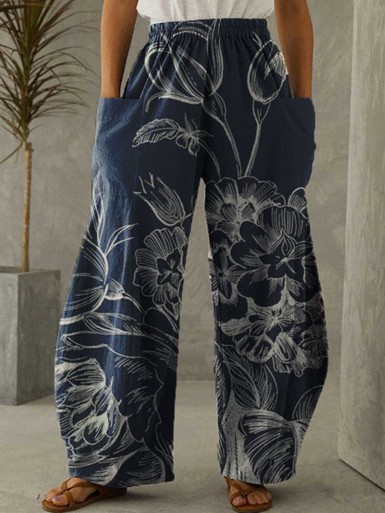 Women Cotton Linen Pocket Flower Printing Pants