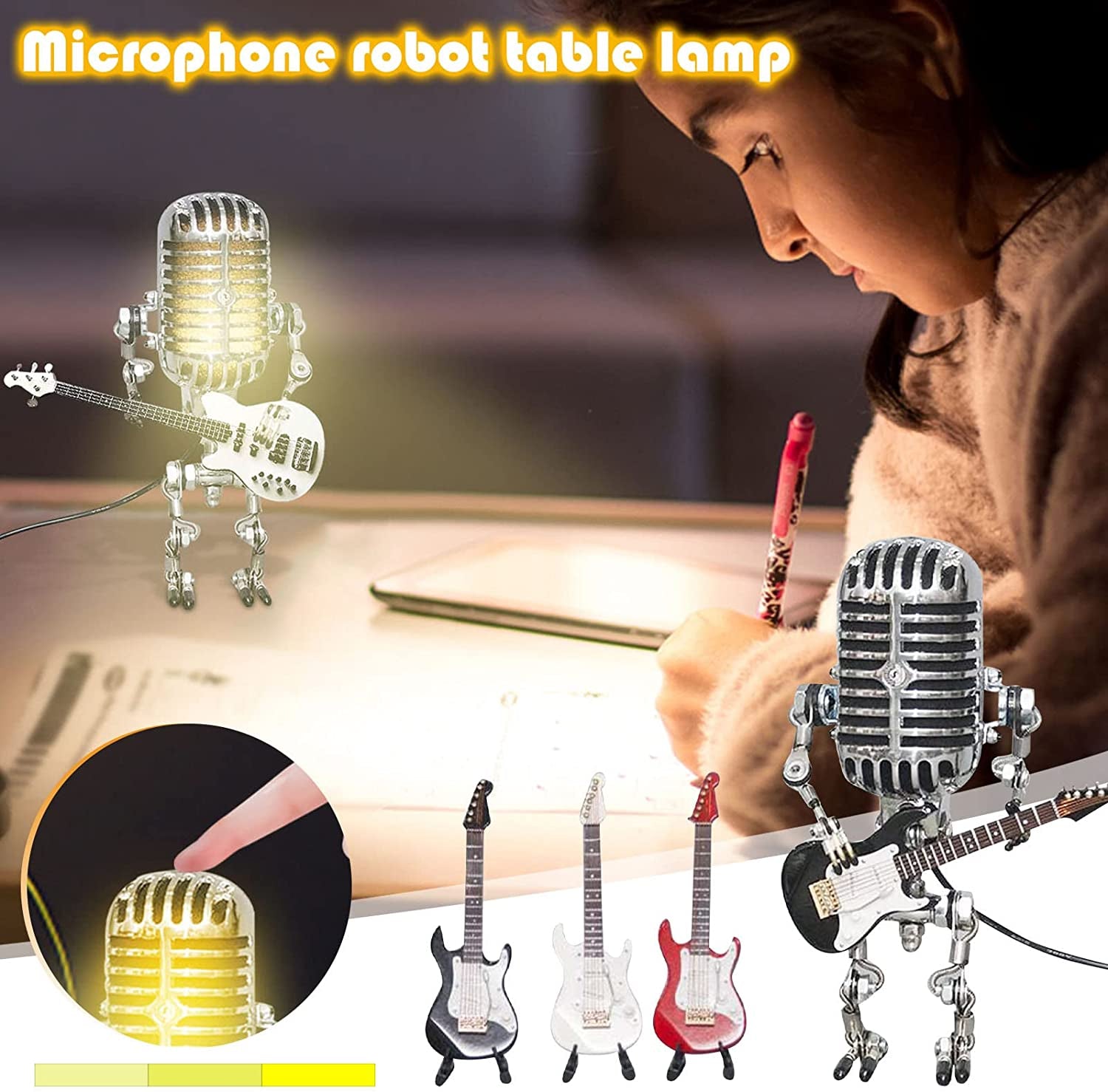 Vintage Microphone Robot Desk Lamp,Metal Microphone Robot Lamp with Mini Guitar,Robot Touch Dimmer Lamp,Vintage Light Home Decor Nightstand Desk Lamp for Home Bedroom,Bar, Office