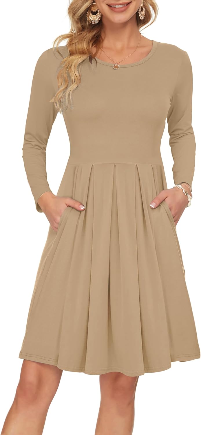 AUSELILY Women's Long Sleeve Pleated Loose Swing Casual Dress with Pockets Knee Length