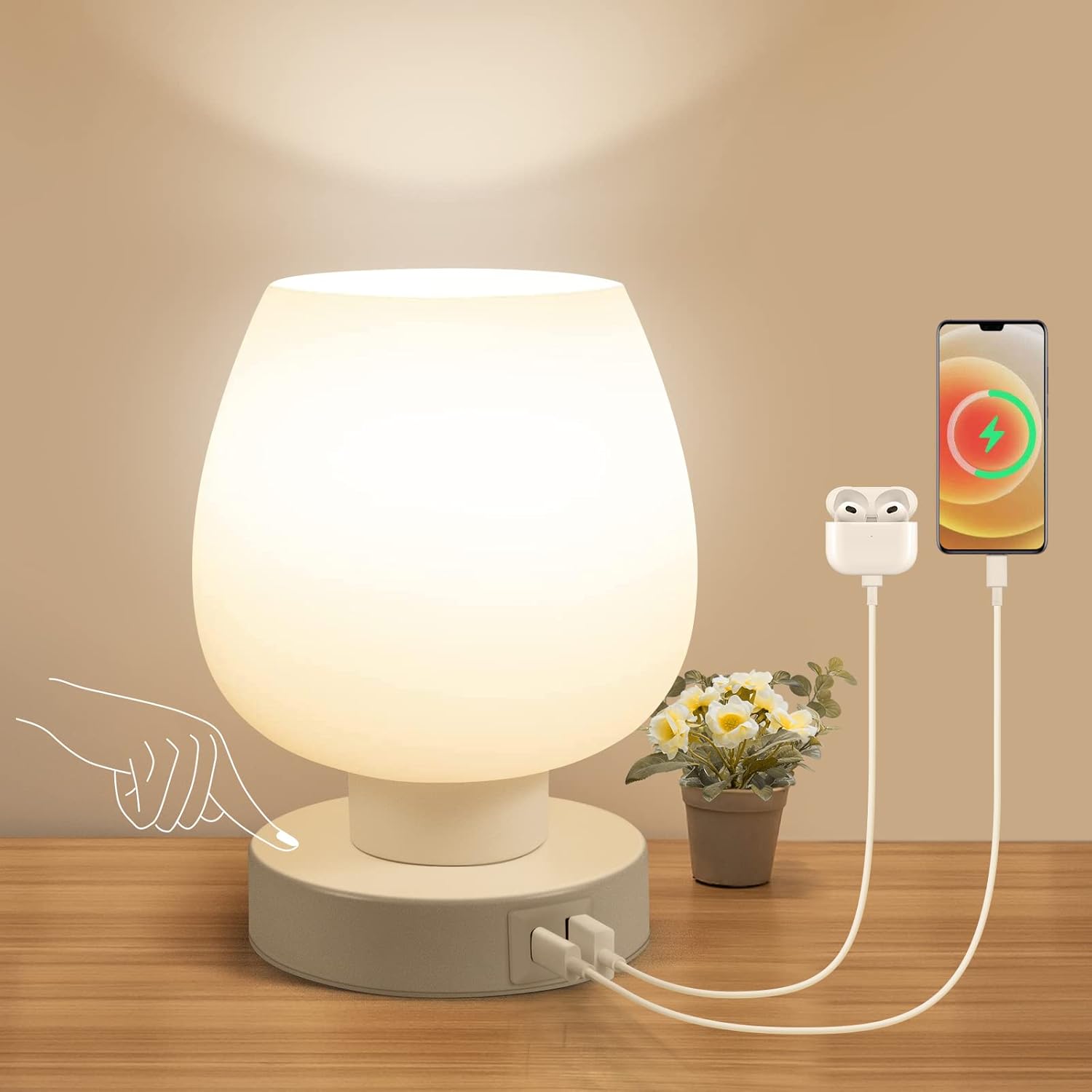 Touch Bedside Table Lamp - Modern Small Lamp for Bedroom Living Room Nightstand, Desk lamp with White Opal Glass Lamp Shade, Warm LED Bulb, 3 Way Dimmable, Simple Design Mother's Day Gifts