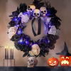 🦇 Black Bat Cat Spooky Party Wreath with Purple Glowing Lights