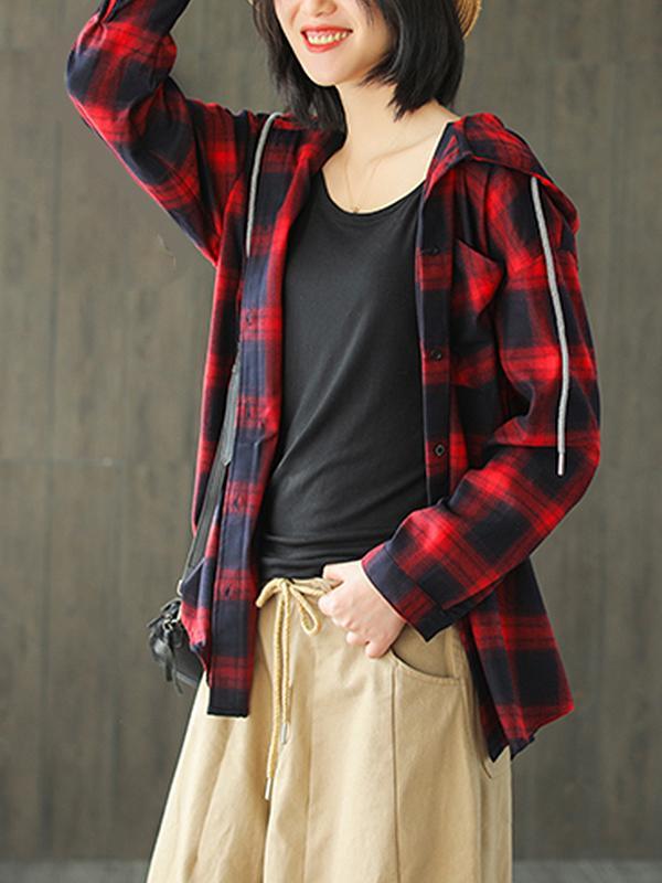 Letha Hooded Vintage Contrasting Plaid Print Single-breasted Baggy Cotton Shirt