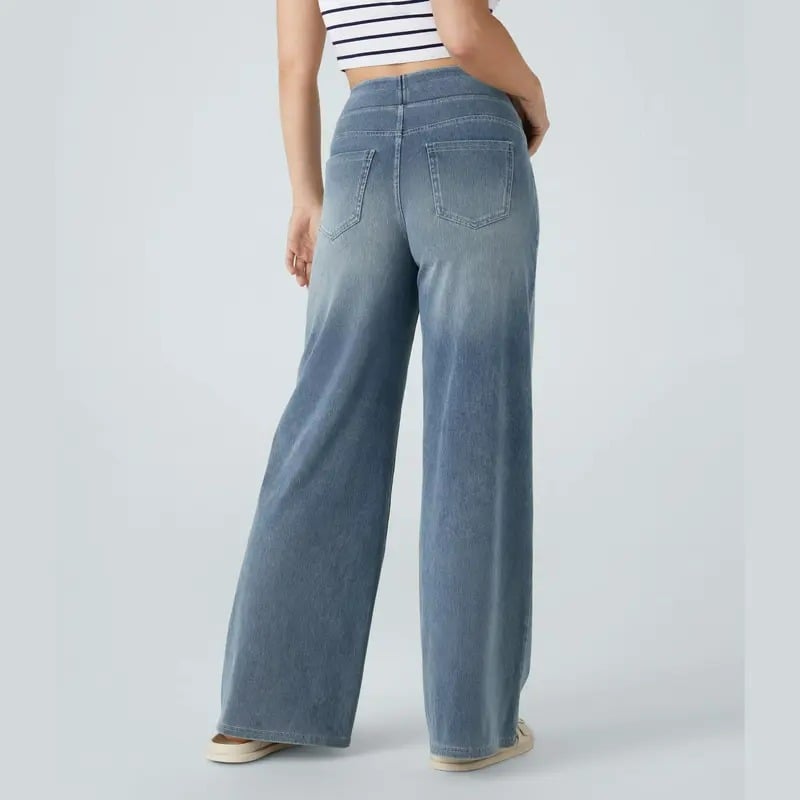 📢Letzter Tag: 49% Rabatt🏆Damen High-Waist Baggy Weite Bein Stretch Strick-Jeans – Bequeme Casual Denim