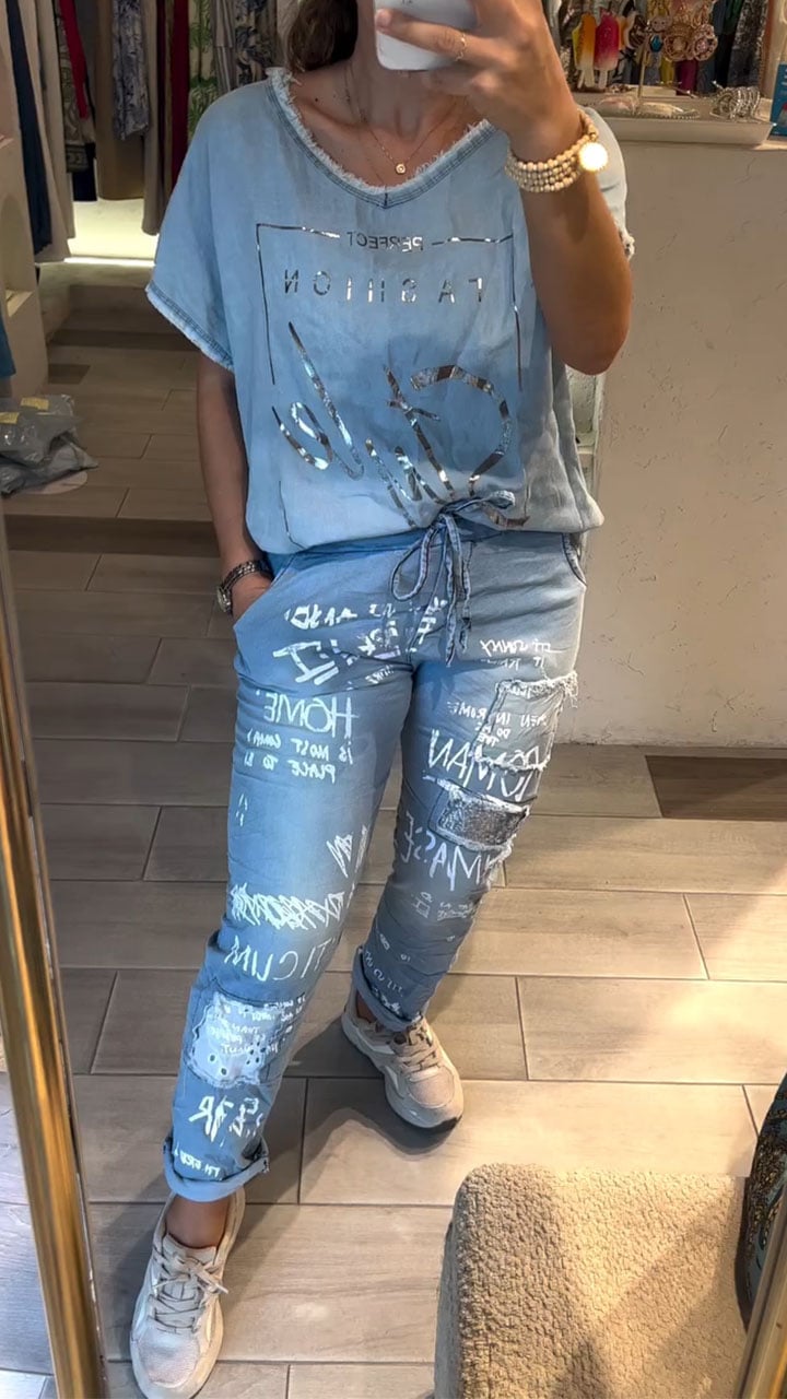 Women's V-neck Hot Stamping Tencel Denim Casual Suit