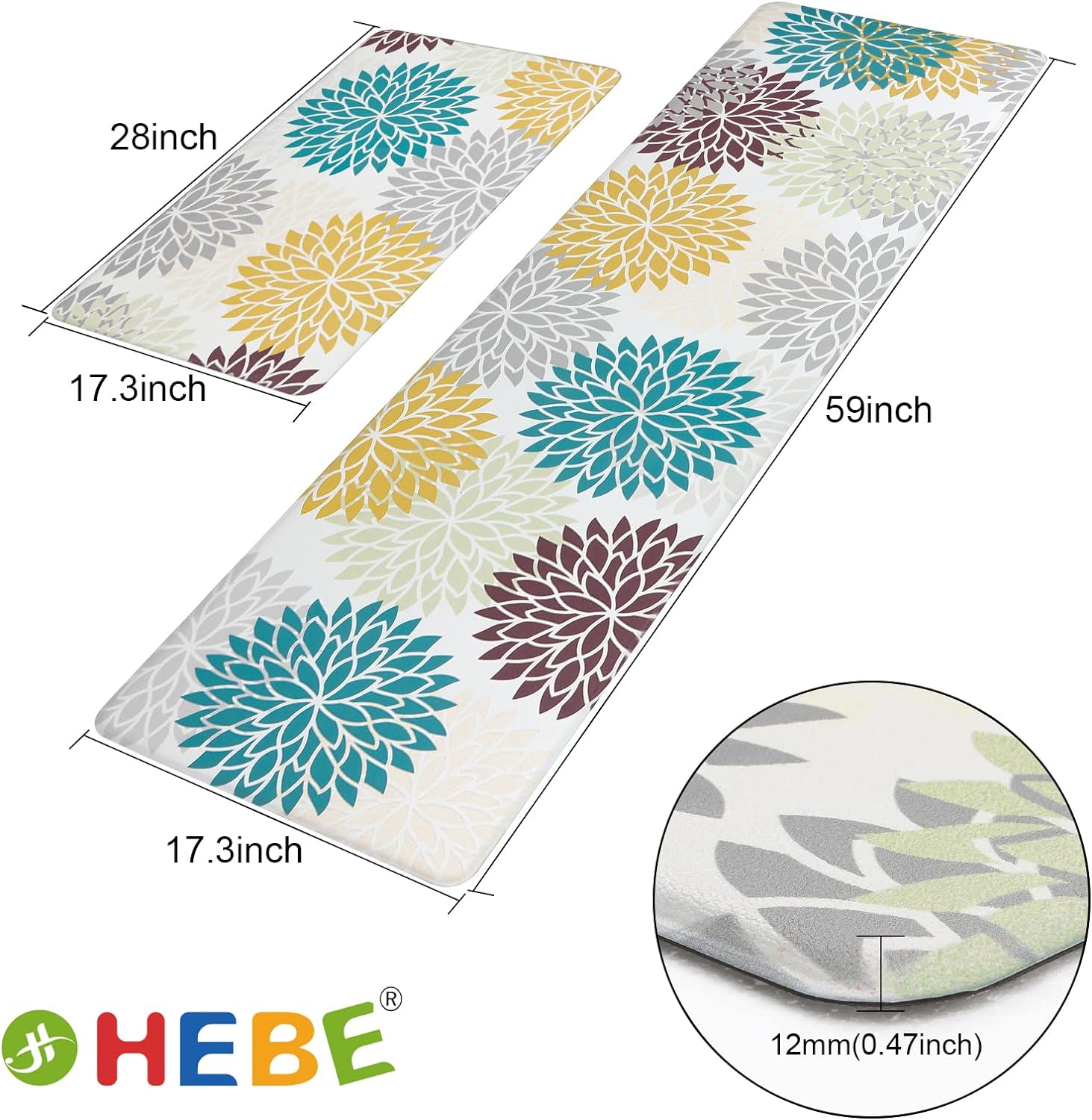 HEBE Anti Fatigue Kitchen Rug Sets 2 Piece Non Slip Kitchen Mats for Floor Cushioned Kitchen Rugs and Mats Waterproof Comfort Standing Mat Runner for Kitchen,Home Office,Sink,Laundry