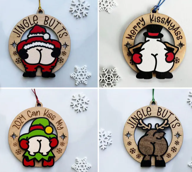 3D Laser Cut Jingle Butts Handmade Funny Wooden Christmas Ornaments