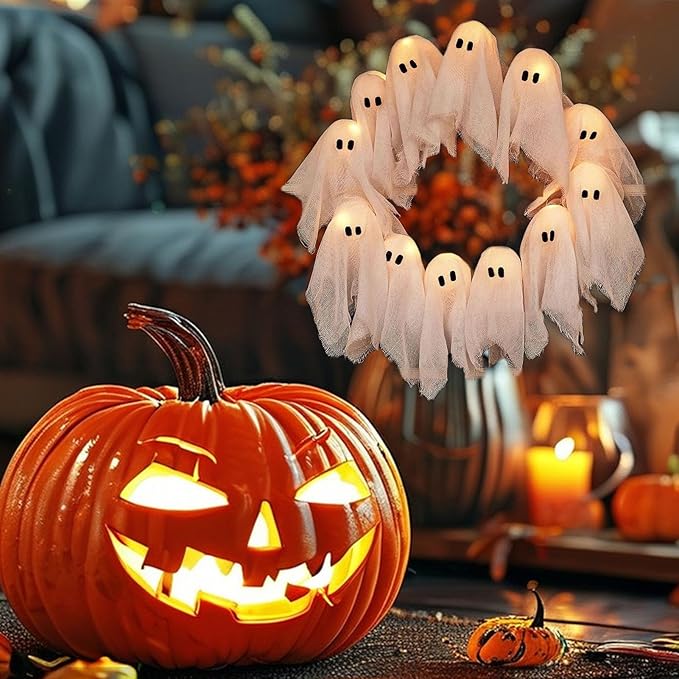🎃 Handcrafted Adorable Ghost Halloween Wreath for Front Door – 🍁16-Inch Handmade Fall Decor 🎀