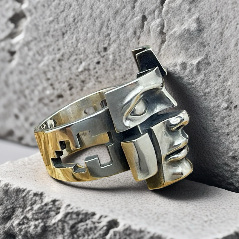 Split-Persona Mask Silver Ring