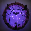 🦇 Black Bat Cat Spooky Party Wreath with Purple Glowing Lights