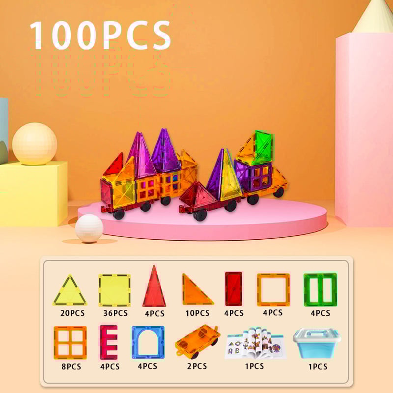 🔥LAST DAY SALE 49% OFF-100PCS Magnetic Tiles Set with 2 Cars, Magnetic Building Tiles