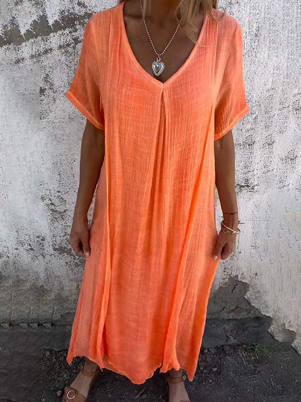 Women Cotton and Linen V-neck Midi Dress