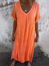 Women Cotton and Linen V-neck Midi Dress