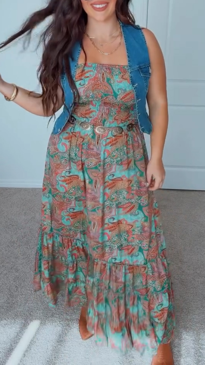 Ladies' Strapless Printed Hollow Out Dress+denim Cardigan Set