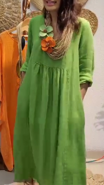 Women's V-neck Mid-sleeve Cotton and Linen Casual Dress