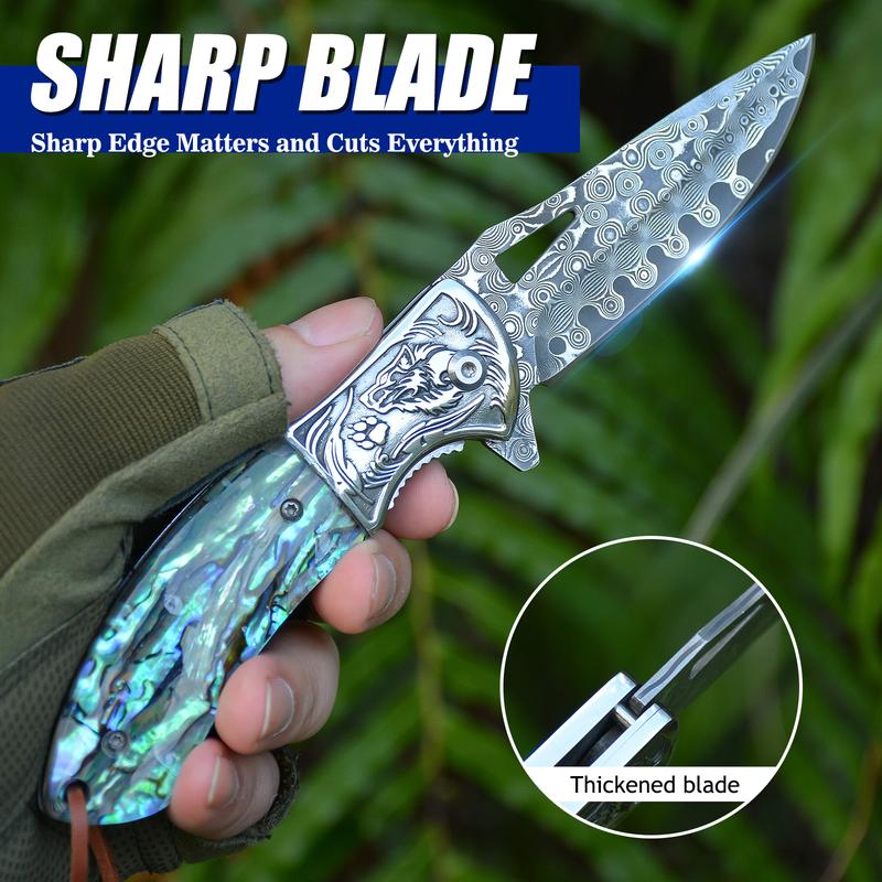 🐺 Damascus Pocket Knife – Handmade VG10 Steel with Abalone Shell Handle
