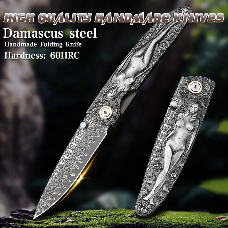 Damascus steel Folding pocket knife, travel knife for outdoor camping, hunting