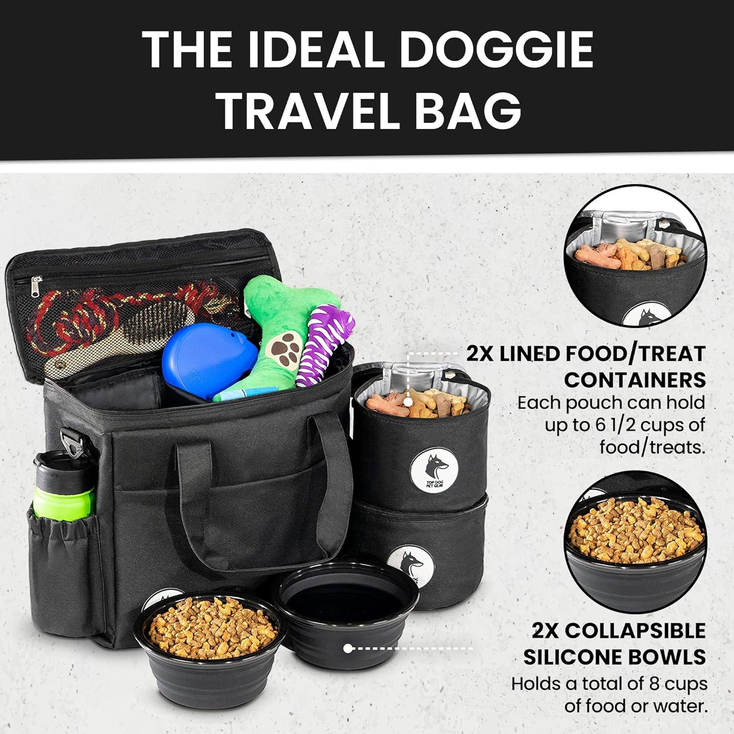 Grey Dog Travel Bag for Supplies - Includes Travel Bag, Travel Dog Bowls, Food Storage - Airline Approved Dog Bags for Traveling - Dog Travel Accessories for Camping, Beach