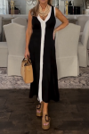 Women's Casual Simple V-neck Sleeveless Black and White Contrast Dress