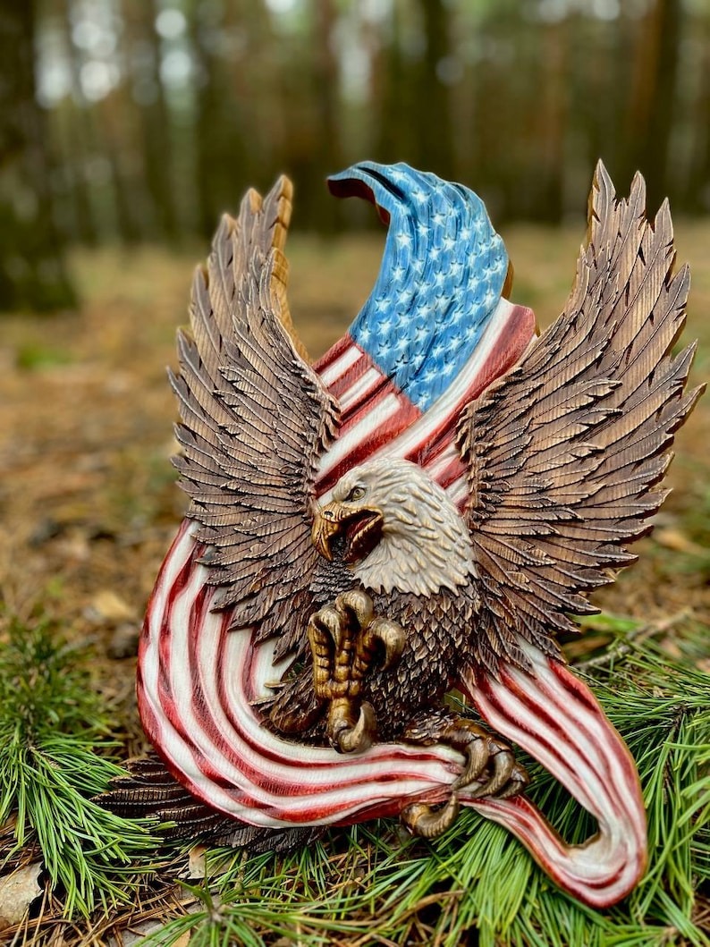 🔥Handcrafted Wooden American Flag with Bald Eagle