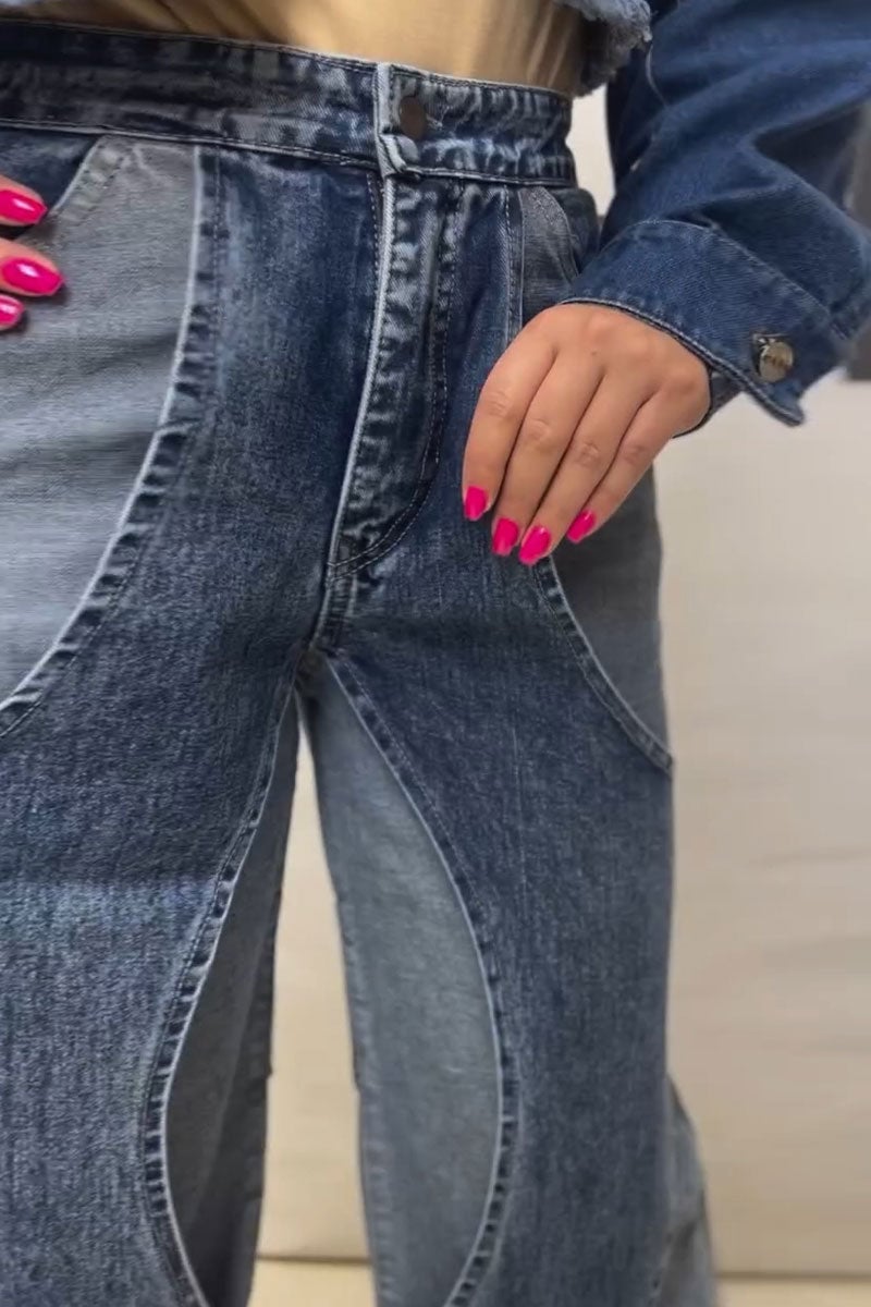 Women's Fashion Fake Two-Piece Set Contrast Color Stitching Hollow Jeans