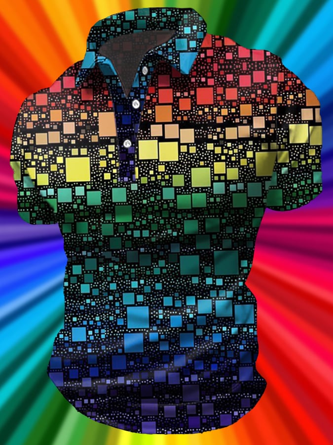 Men's Pride Month Rainbow Geometric Squares Printed Knitted Pullover POLO Shirt Top