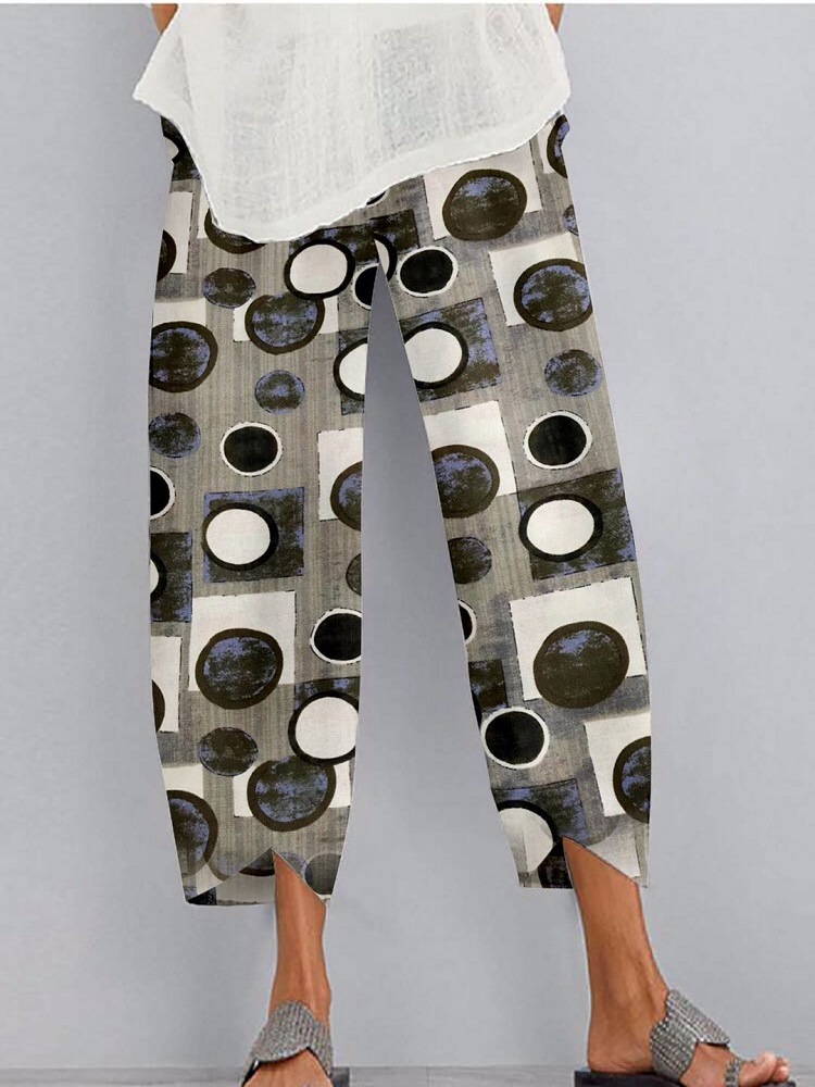 Women Loose Printed Dot Elastic Waist Pocket Pants