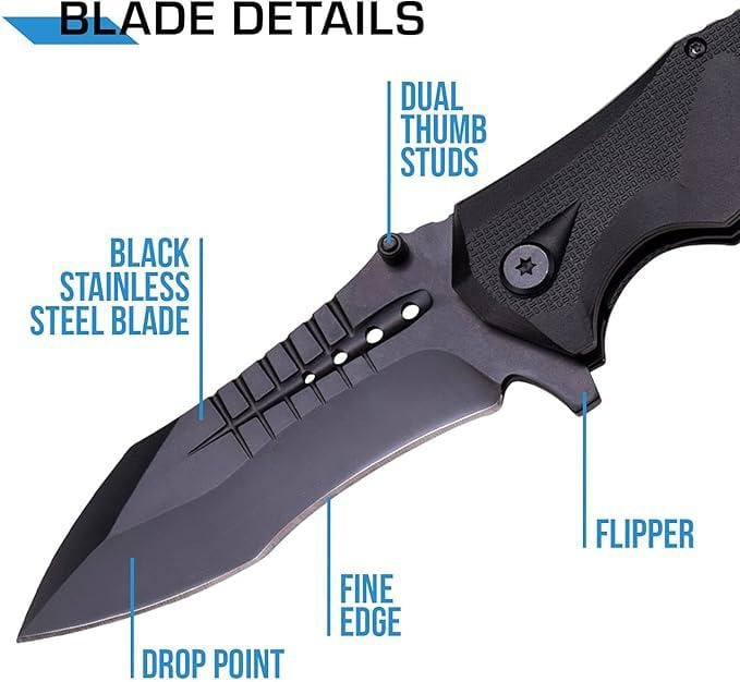 Pocket Knife Full Edge Spear Point Recurve Blade + Glass Breaker & Cord Cutter