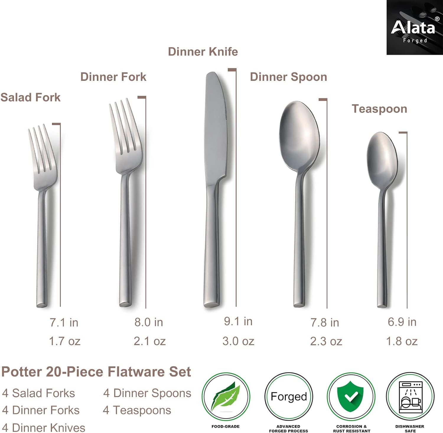 Alata Potter 20-Piece Forged Silverware Set Stainless Steel Flatware Set Cutlery Set,Service for 4,Mirror Finish,Dishwasher Safe