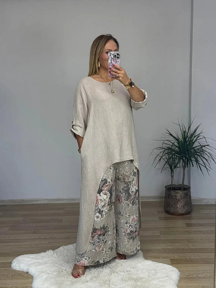 Linen Blend Crew Neck Long Sleeve Irregular Loose Top and Elastic Waist Floral Print Casual Pocket Set