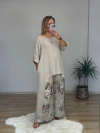 Linen Blend Crew Neck Long Sleeve Irregular Loose Top and Elastic Waist Floral Print Casual Pocket Set