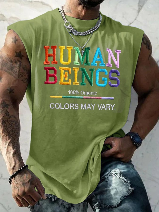 Retro Human Beings 100% Organic Colors May Vary Human Rights Equality Pride Print Tops Tank