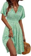 FENSACE Womens Sundress Summer Floral Short Sleeve Wrap V Neck A-Line Midi Dress