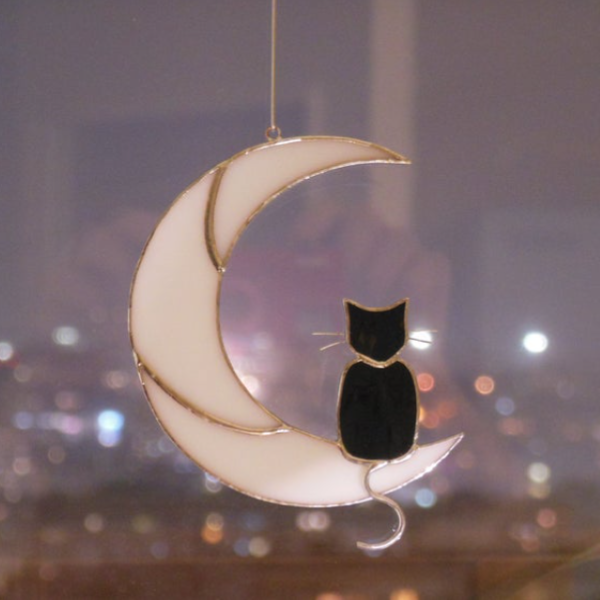 50% OFF- Stained glass cat on the moon, window hanging suncatcher