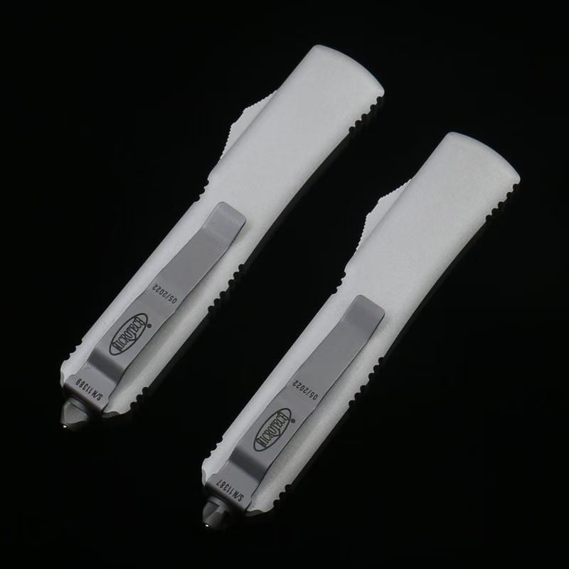 Microtech Silver White Handle OTF Straight Jump Knife