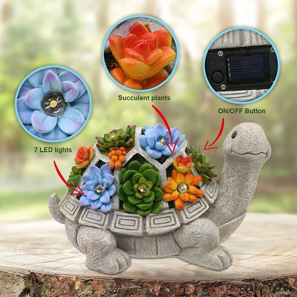 Richard DeVos Handmade Solar Garden Statue Turtle Figurine 7 LED Light ...