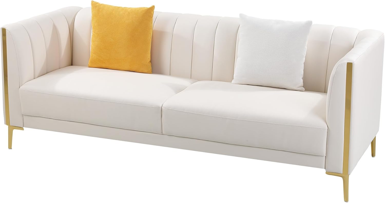 FOTOSOK 78'' Sofa, Modern White Couches for Living Room, Comfy, Faux Leather Sofa 3 Seater Sofa with 2 Throw Pillows and Gold Metal Legs, Deep Seat Sofas (Cream White)