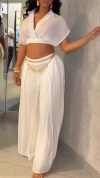Women's Collar Short Top+loose Pants with A Casual Temperament Suit