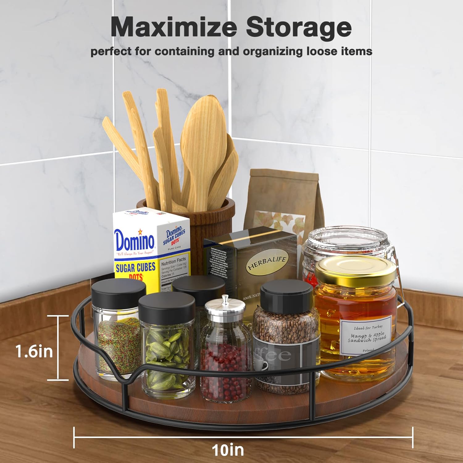 Lazy Susan Turntable Organizer for Cabinet Pantry Kitchen Countertop Refrigerator Cupboard, Pine Wood, 9