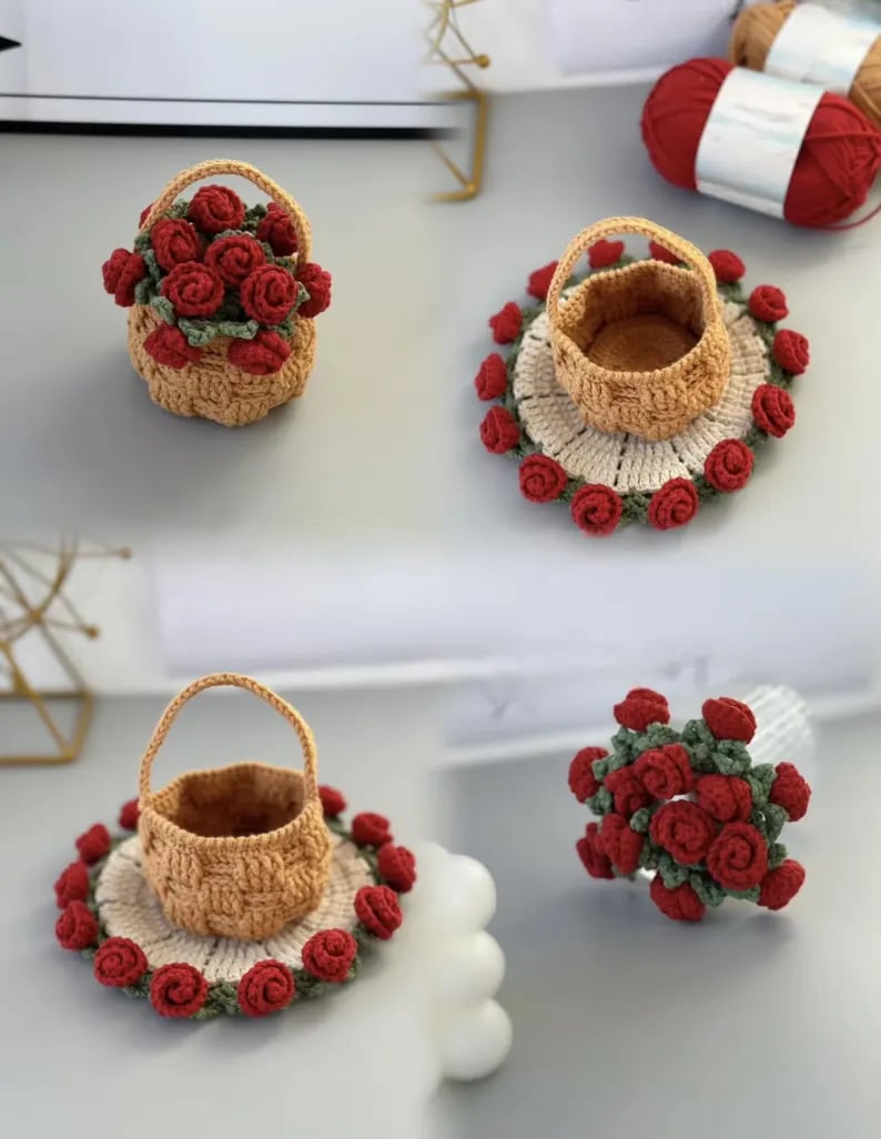 🌹100% Handmade Rose Coaster and Flower Basket Crochet