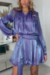 Women's Fashion V-Neck Glossy Long Sleeve Short Dress