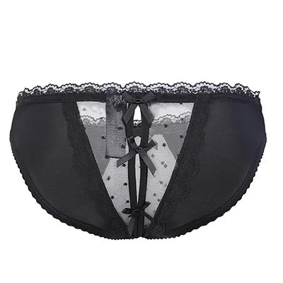 Sexy Black Lace Bow Open-Crotch Panties for Women - Sheer Mesh Cheeky Underwear PPF0337
