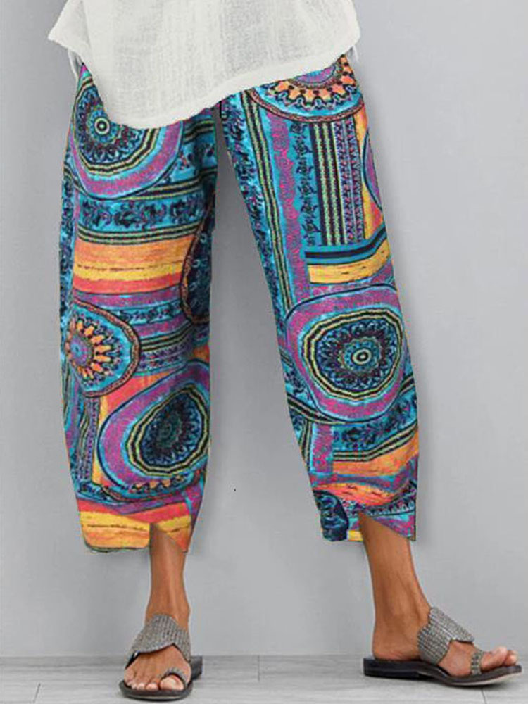 Women Loose Printed Ethnic Elastic Waist Pocket Pants