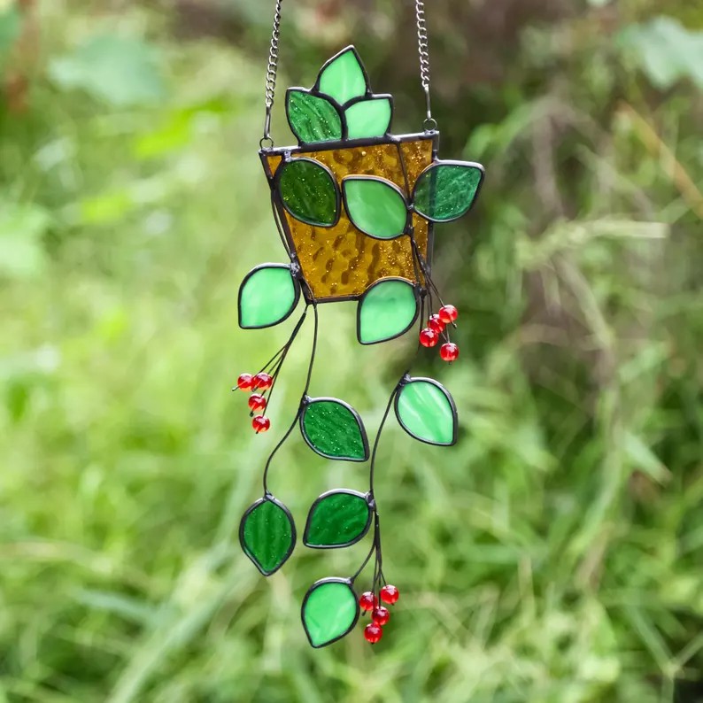 Handmade Plant Stained Glass Suncatcher - Unique Window Decor, 100% Handmade