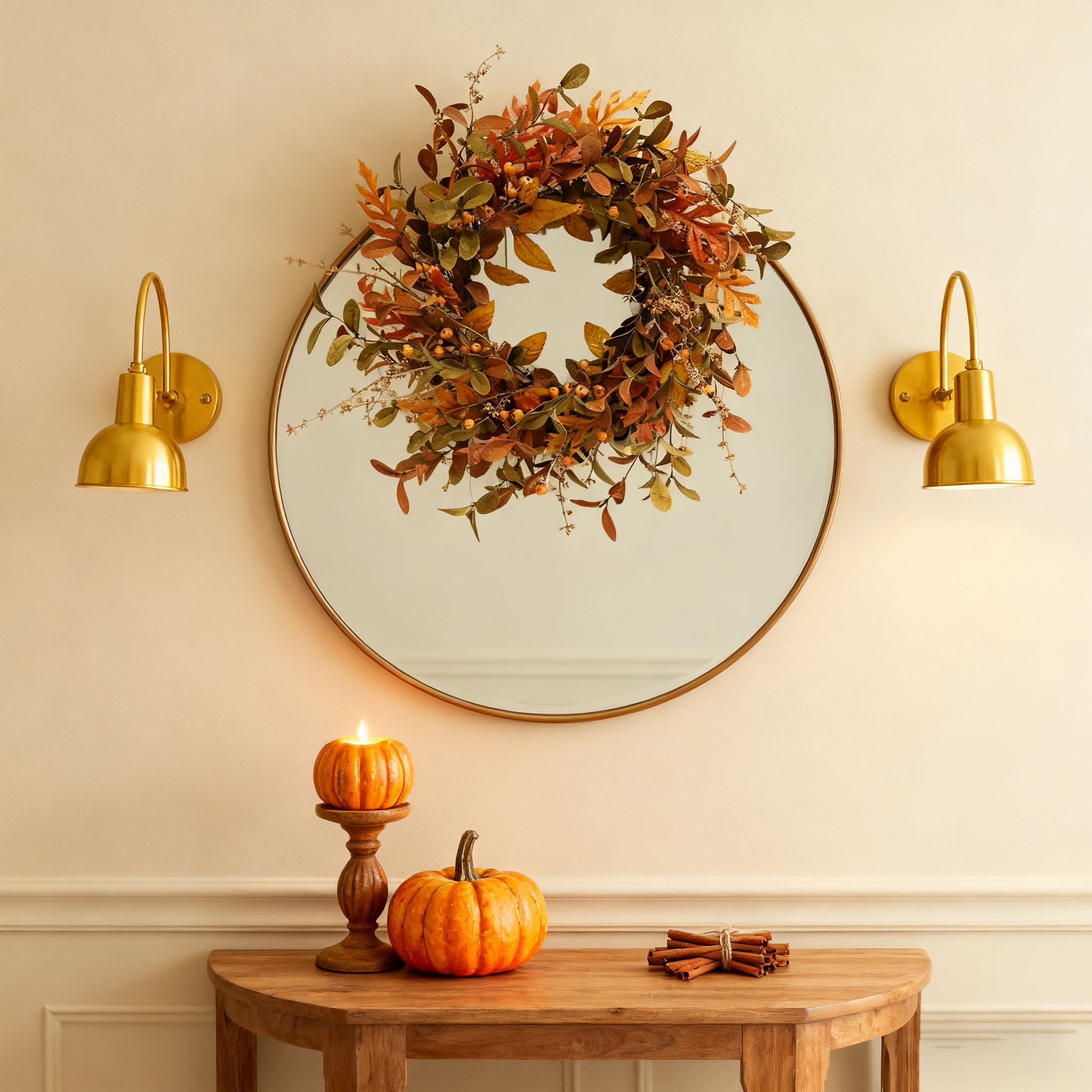 🍁🎁 Front Door Autumn Wreath Handmade Artificial Wreath with Bright Oak Leaves, Small Pumpkins, Berry Branches, 🎄 Mixed Leaves for Farmhouse Indoor and Outdoor Window Wall Door Decoration