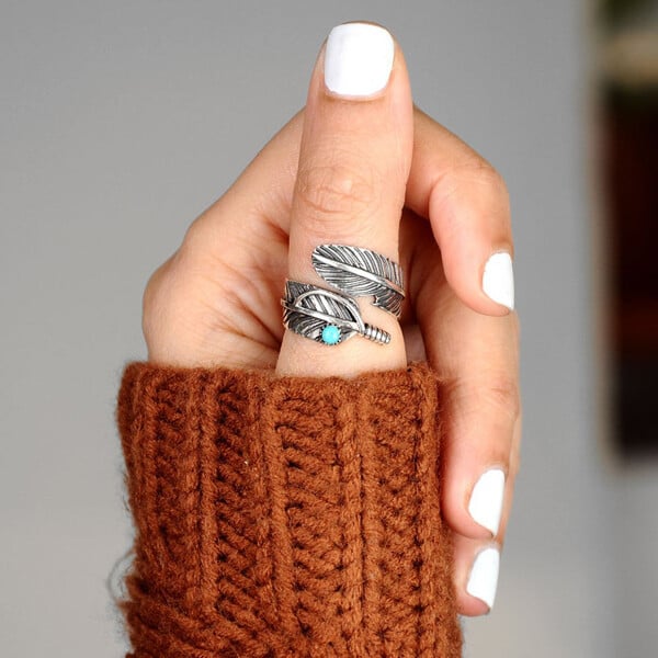 🔥 Last Day Promotion 70% OFF🎁Boho Feather Turquoise Adjustable Ring