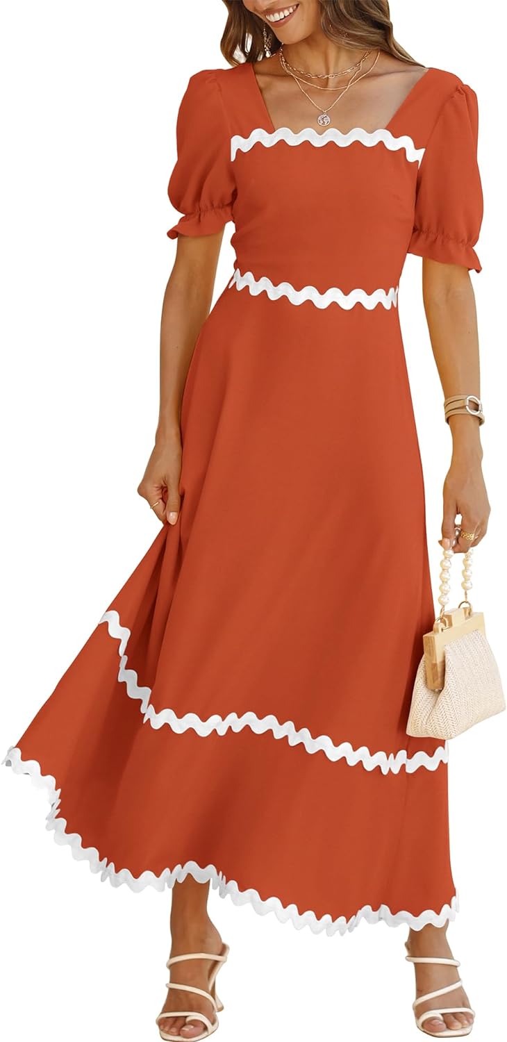 BTFBM Women's 2024 Summer Square Neck Short Puff Sleeve Dress Casual RIC Rac Tie Back Smocked A Line Flowy Maxi Dresses