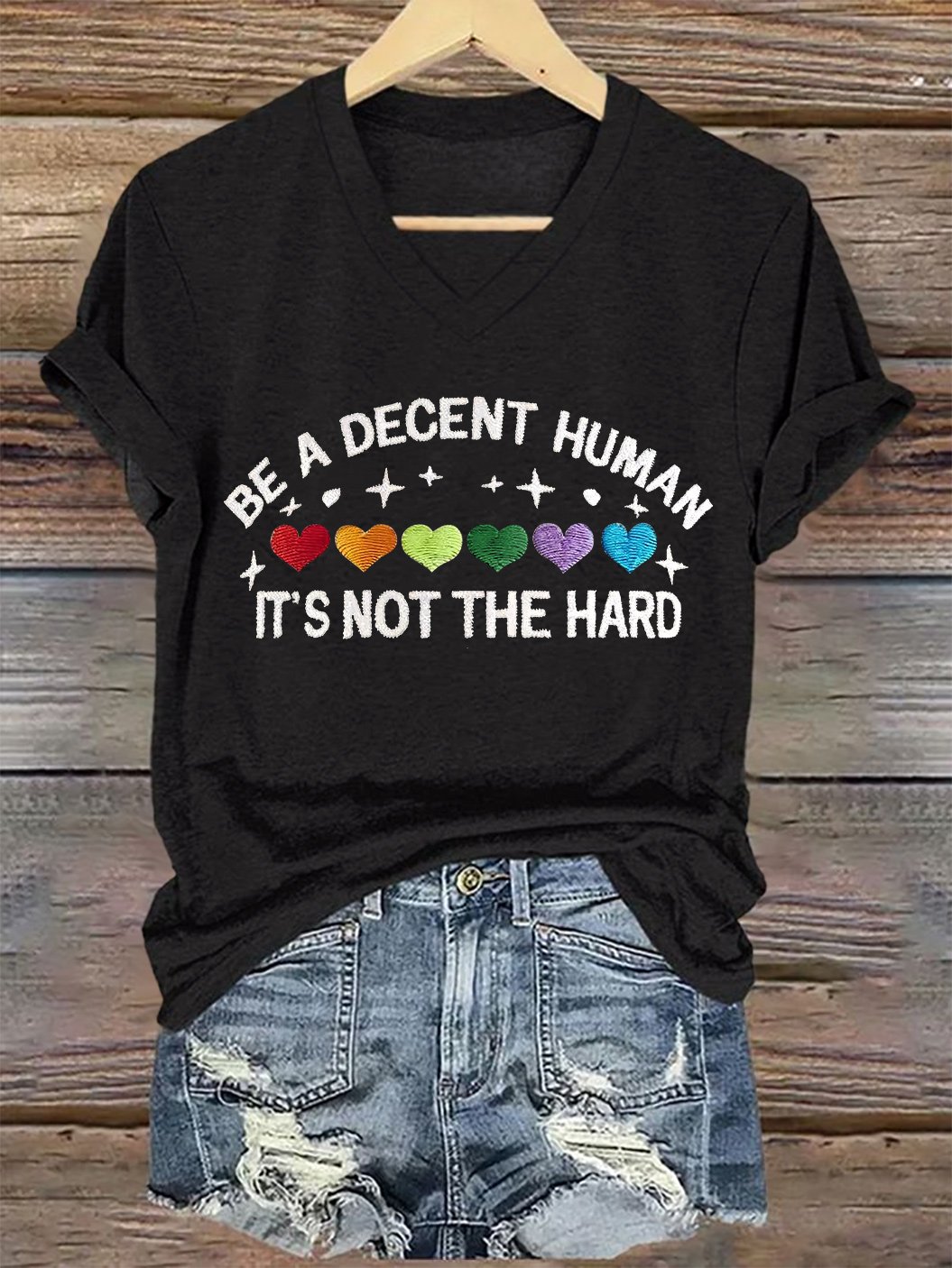 V-Neck Retro Be A Decent Human It's Not The Hard Print T-Shirt