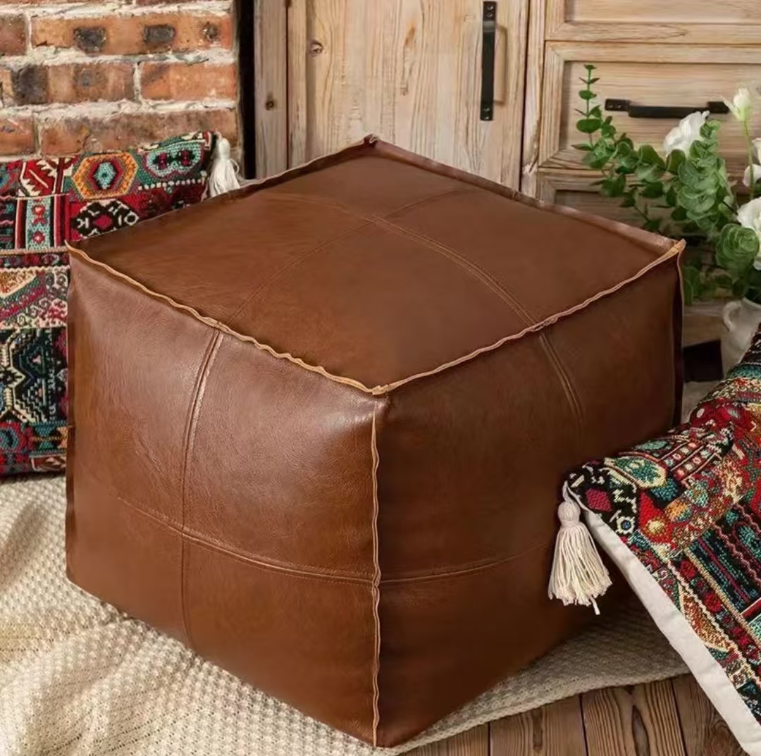 Self-Fillable Faux Leather Pouf Cover